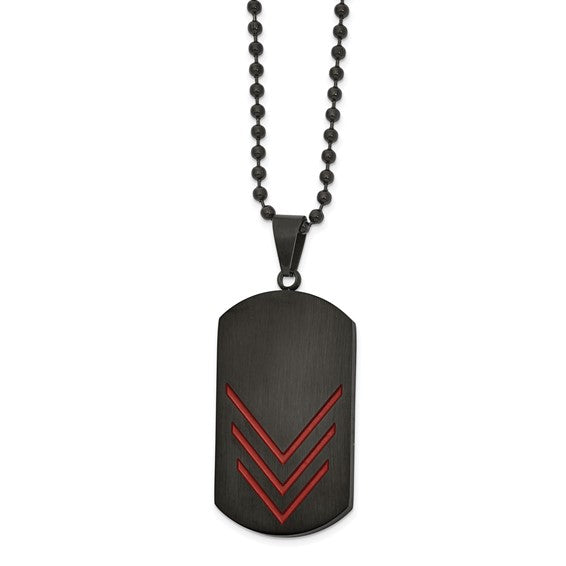 Stainless Steel Brushed and Polished Black IP with Red Enamel Dog Tag Necklace