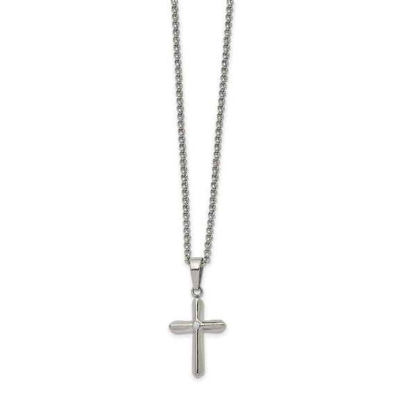 Chisel Stainless Steel Polished with CZ Cross Pendant on a 22 inch Rolo Chain Necklace