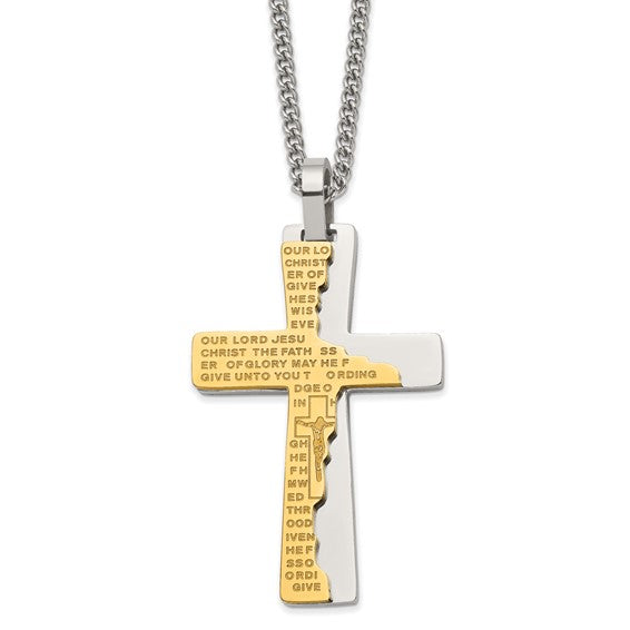 Chisel Stainless Steel Polished Yellow IP-plated Etched Broken Prayer Cross Pendant on a 24 inch Curb Chain Necklace