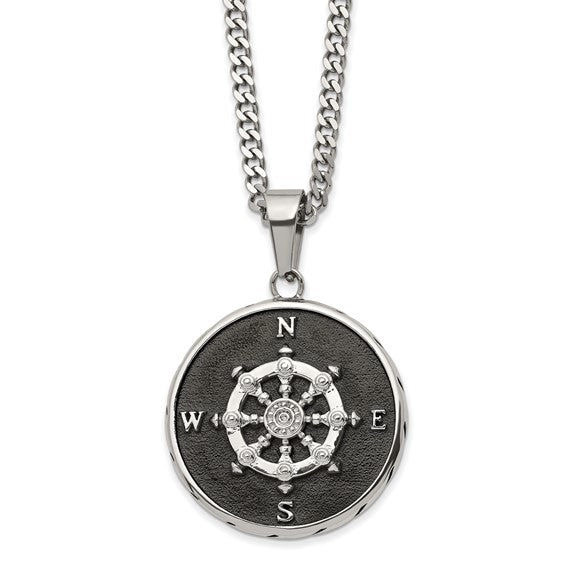 Chisel Stainless Steel Polished Black IP-plated Compass Pendant on a 22 inch Curb Chain Necklace