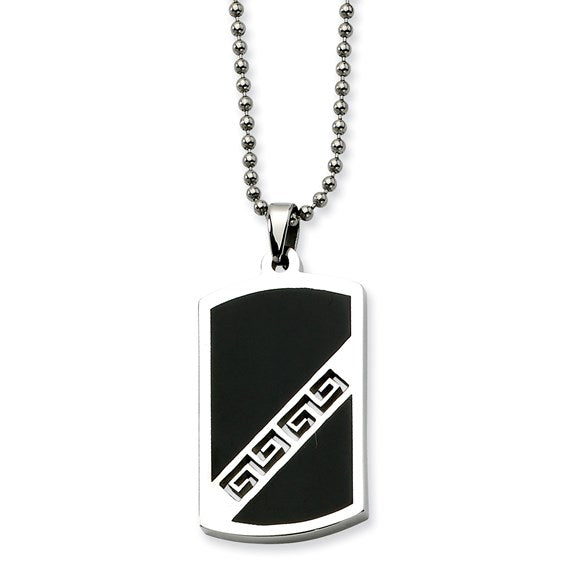Stainless Steel Black Enamel Greek Key Dog Tag Pendant Necklace