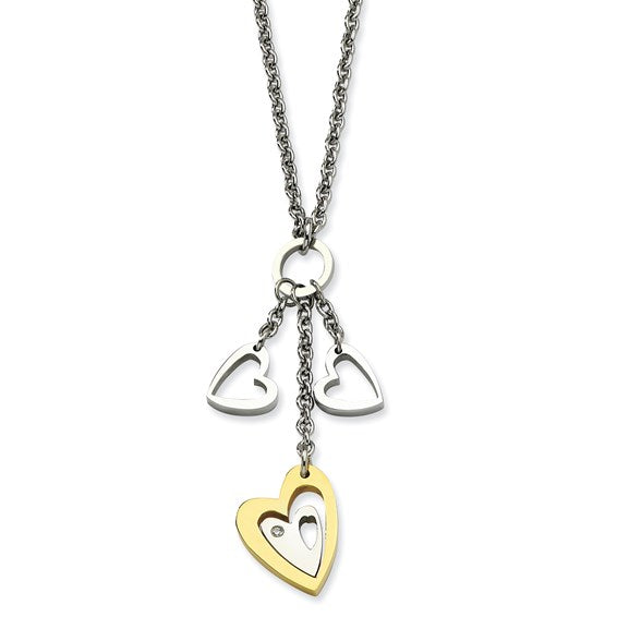 Stainless Steel Yellow IP-plated Heart with Hearts with CZ Necklace