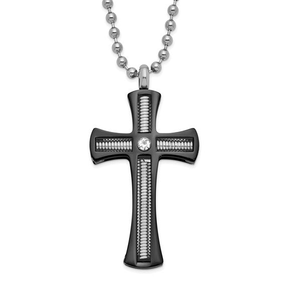 Stainless Steel IP Black-plated and CZ Cross Pendant Necklace