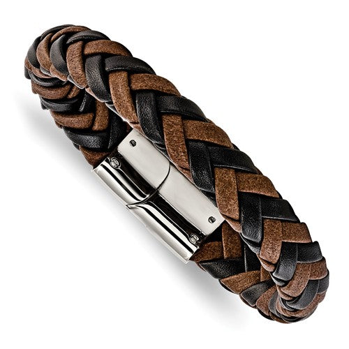 Chisel Stainless Steel Polished Black and Brown Braided Leather 8.5 inch Bracelet