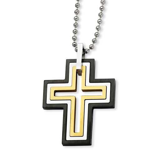 Stainless Steel Black and Gold IP Plated Moveable Cross 22in Necklace