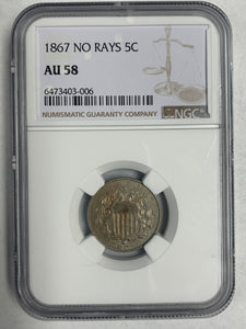 1867 No Rays Shield Nickel AU58 NGC
