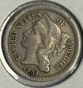 1881 3-Cent Copper Nickel, VF