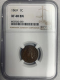 1869 Indian Head Cent, XF-40 BN NGC